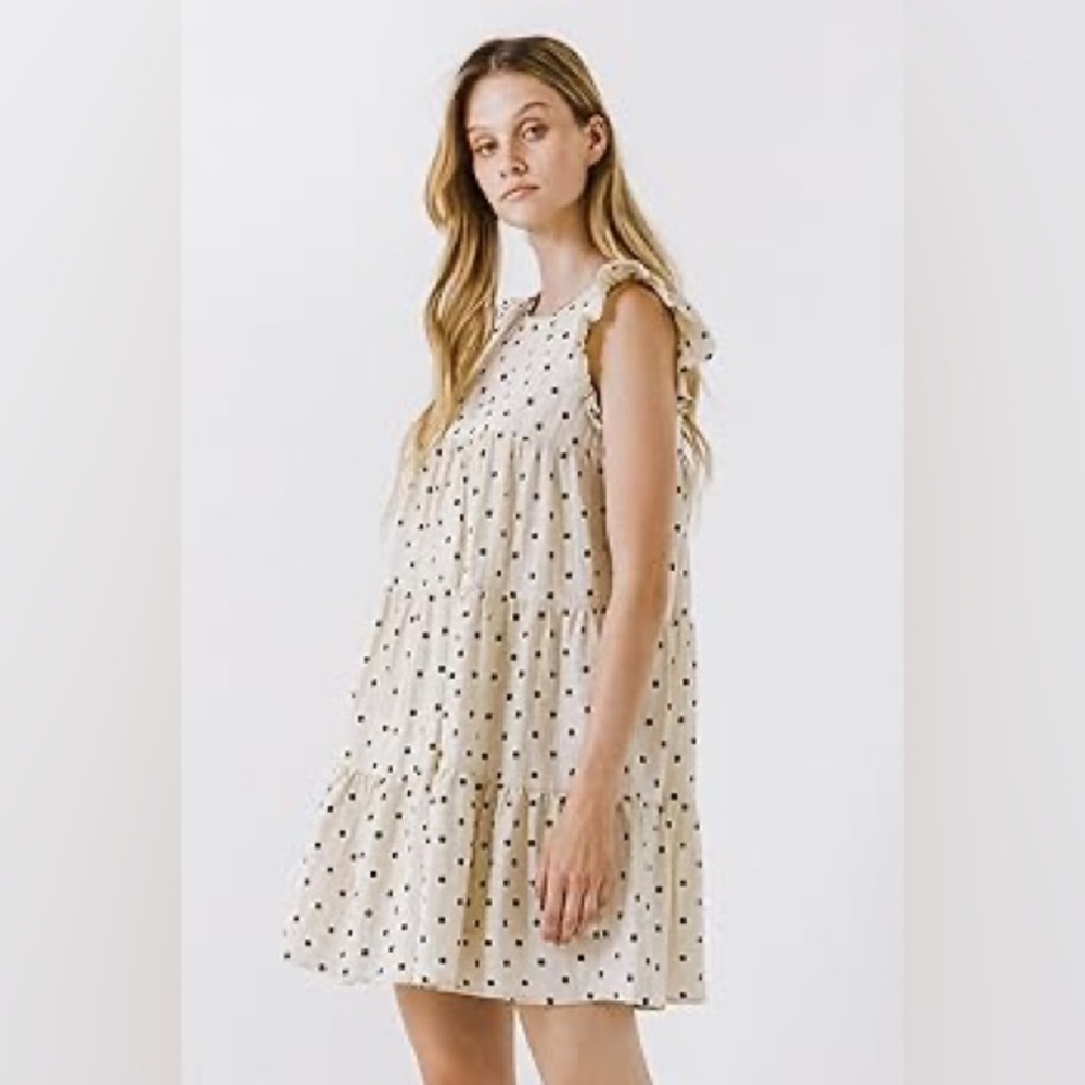 English Factory‎ Beige & Black Polka Dot Ruffle Babydoll Dress Size XS, NWT